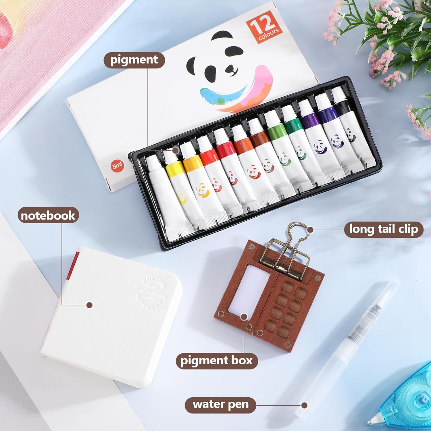 6 Set Mini Travel Watercolor Palette Set Pocket Artist Watercolor Travel Kit with Wooden Grid Palette Box Sketchbook Brush Pens Paints Clips Small Painting Art Kit for Painters Artists - Image 3