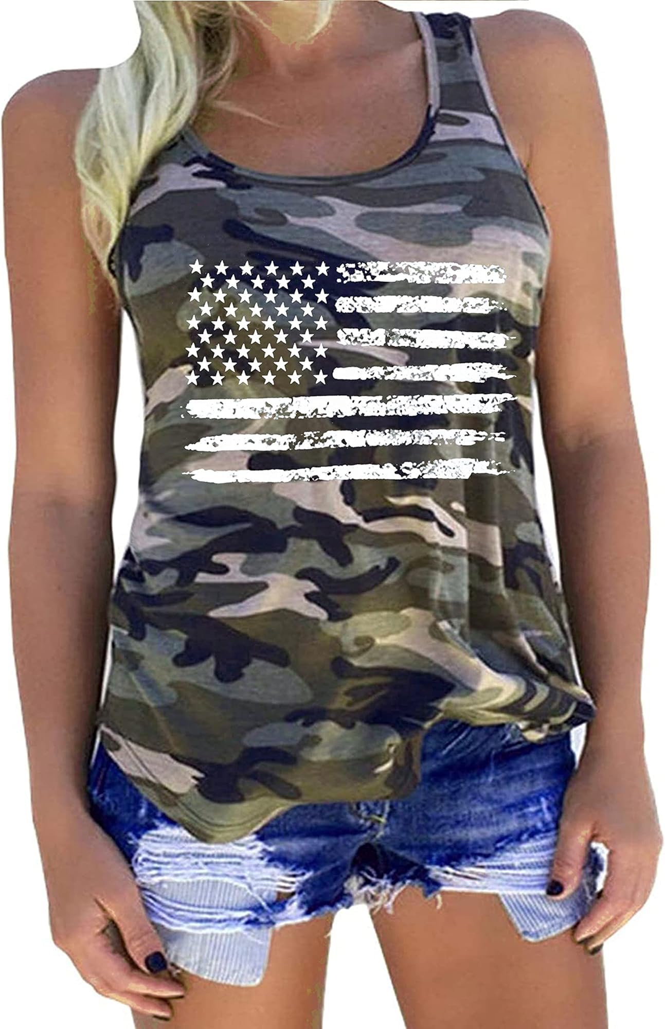 American Flag Tank Tops Women Patriotic Shirt USA Flag Stars Stripes Print Sleeveless T-Shirt 5th of July Tee