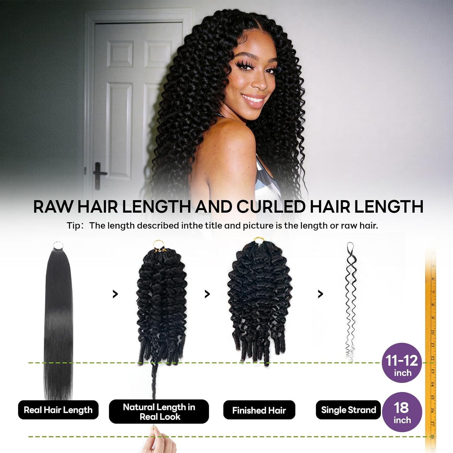 Kinky Curly Crochet Human Hair 18 Inch 60g Knotless Pre-Separated Feather Human Hair Crochet Bundles Lightweight Reusable Virgin Hair Extensions for Women Natural Black
