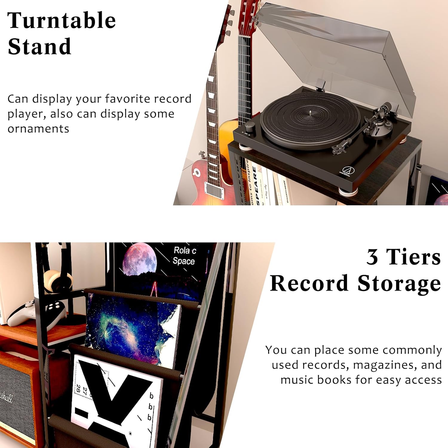 EASTROCK Guitar Stand & Record Player Table - 3-Tier Vinyl Record Storage for Acoustic, Electric Guitar, Bass, Speaker, Amp
