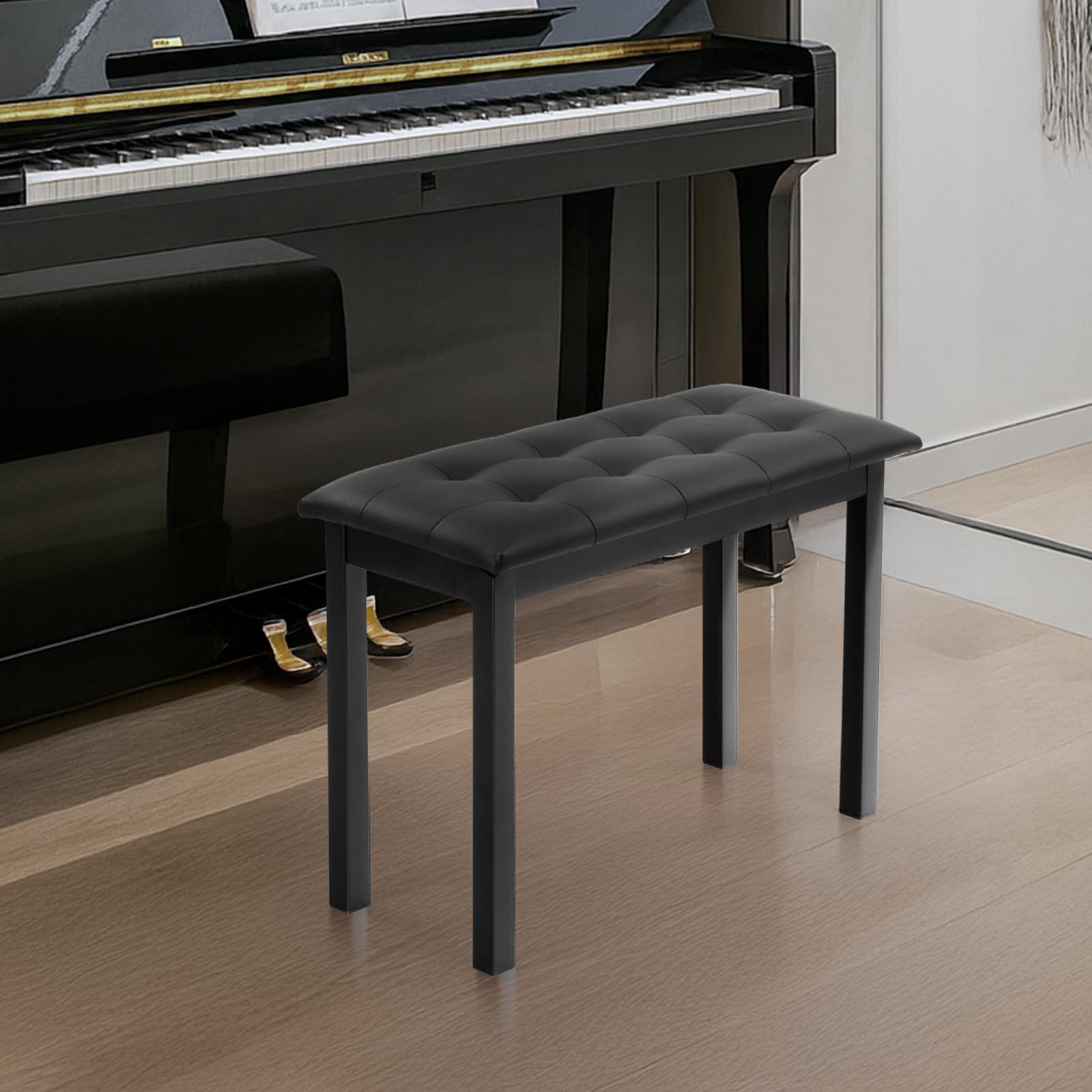 LEADZM Pianobank, Klavierhocker mit PU-Lederkissen und Eisenbeinen, Integrierter Stauraum, Maximale Tragkraft: 200 kg, 70x30x43, Schwarz