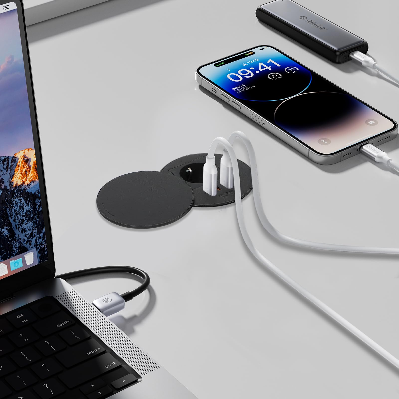 MENAYODA Gniazdo podtynkowe z pokrywą, gniazdo stołowe z 1 portem Schuko i 1 portem USB-A i 1 portem USB-C i kablem zasilającym 1,5 m, gniazdo do otworu na stół 80 mm (czarne)