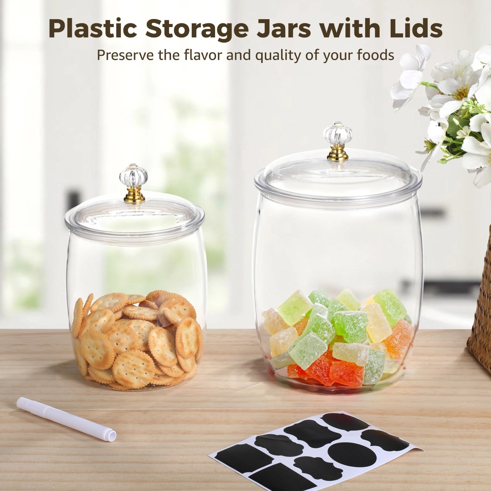 Epicover Plastic Storage Jars with Lids for Food, 2.2L x 2PCS, 3.8L x 2PCS, Multi-Functional Airtight Containers with Labels, Scoops, Stickers for Grains Nuts Snacks