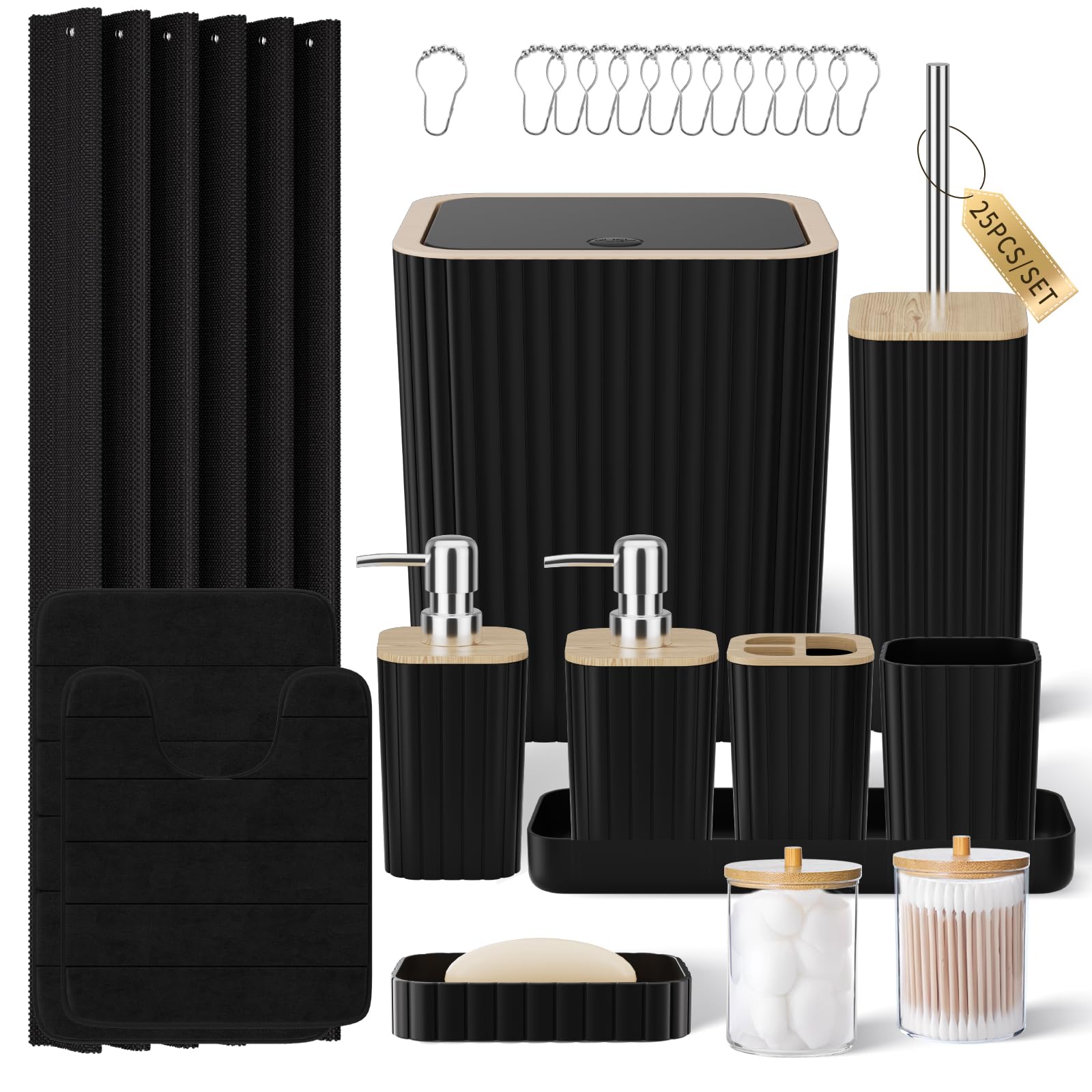 XLHOMO Bathroom Set - 25PC Black Bathroom Set with Shower Curtain and Rugs, Bathroom Accessories Set, Black Shower Curtain Set with Bathroom Trash Can