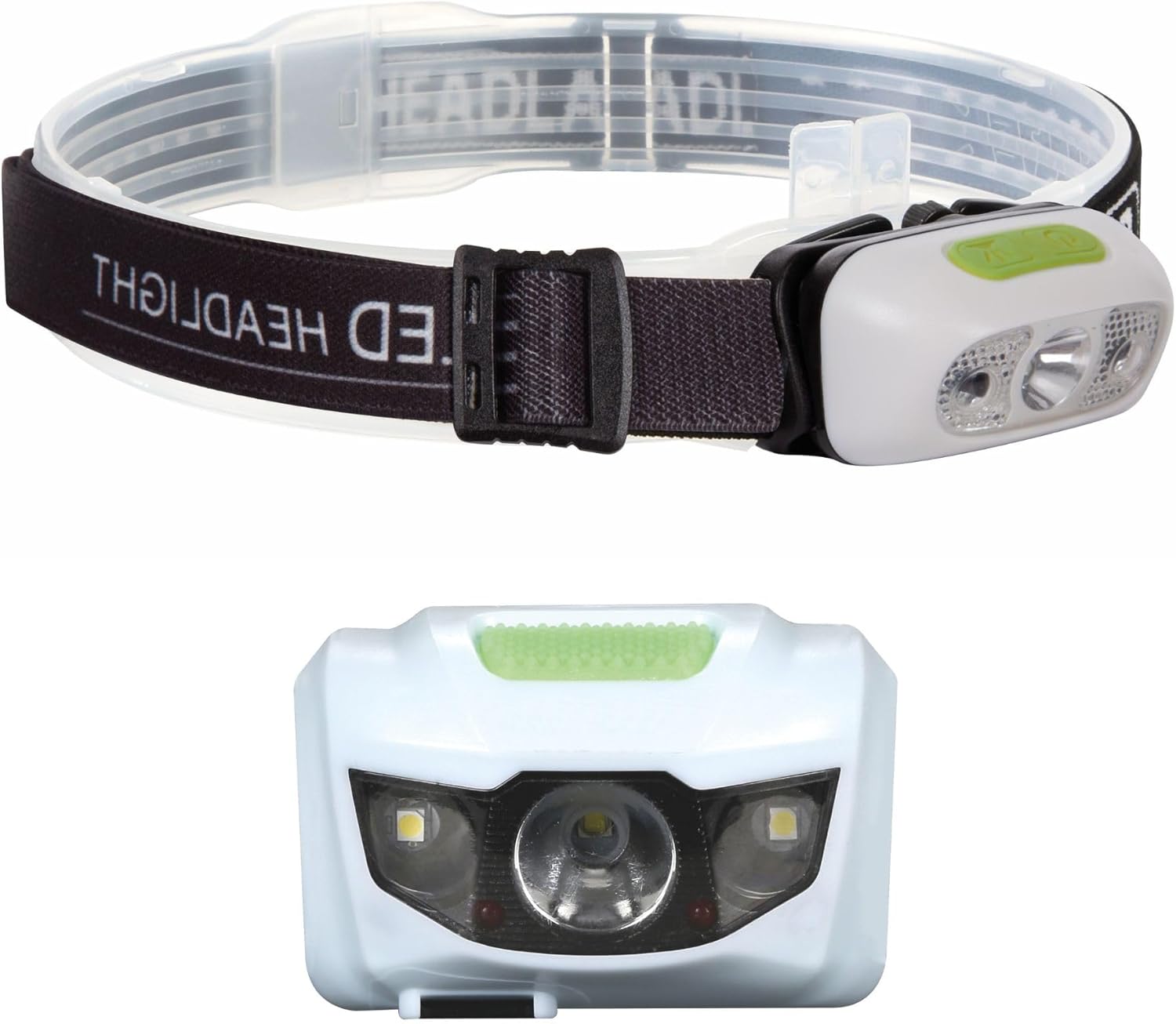 Perel LED-forlygteamp with adjustable strap and front view af lysenheden.