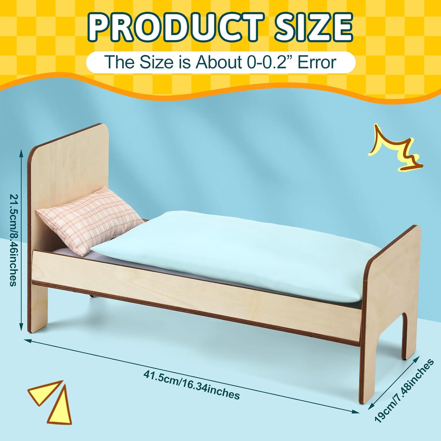 Geelin 4 Pcs Wooden Sleigh Bed Set Wooden Doll Bed with Pillow and Blanket Doll Crib Furniture Accessories for Plush Stuffed Animals