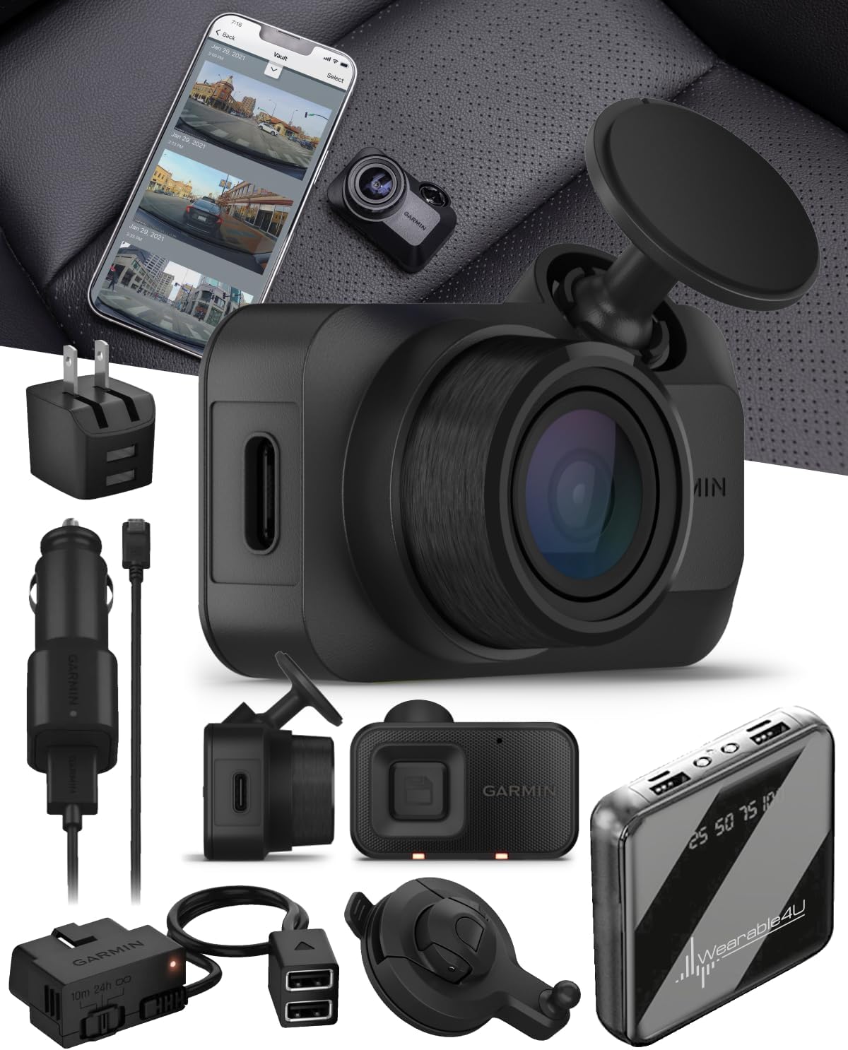 Garmin Dash Cam Mini 3, Ultracompact HD, Built in Clarity Polarizer, Voice Controlled, Automatic Recording with Garmin Constant Power Cable & Suction Cup Mount with Wearable4U Power Bank Bundle