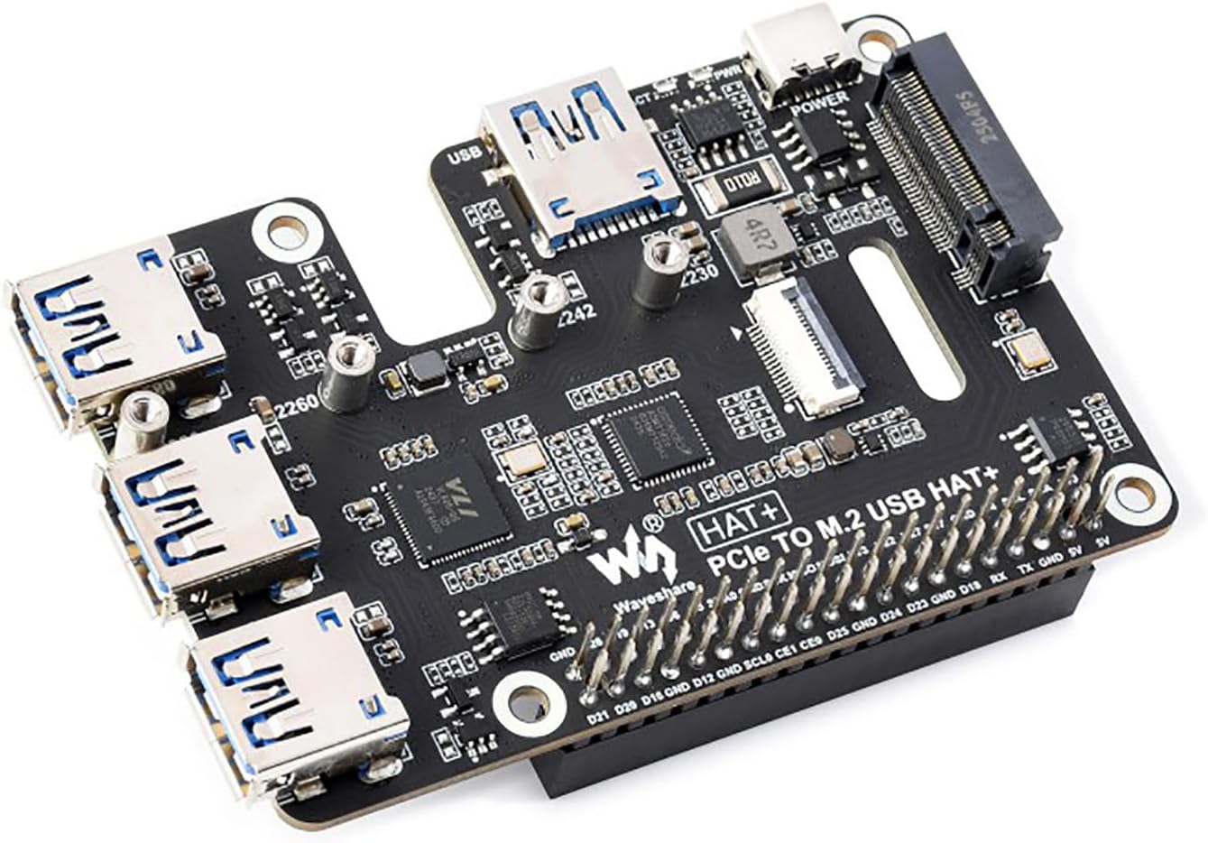 PCIe to M.2 NVMe and USB 3.2 Gen1 HAT+ for Raspberry Pi 5, Supports 2230–2280 SSD, Bootable NVMe Storage, 4-Port USB Expansion, Plug and Play PCIe Adapter Board