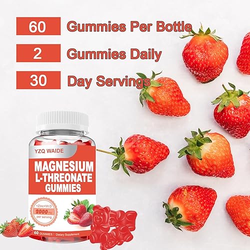 Miniatura 6 de Gomitas de magnesio L-treonato de 2000 mg suplemento para niños y adultos, sin azúcar, sabor a fresa, 60 unidades