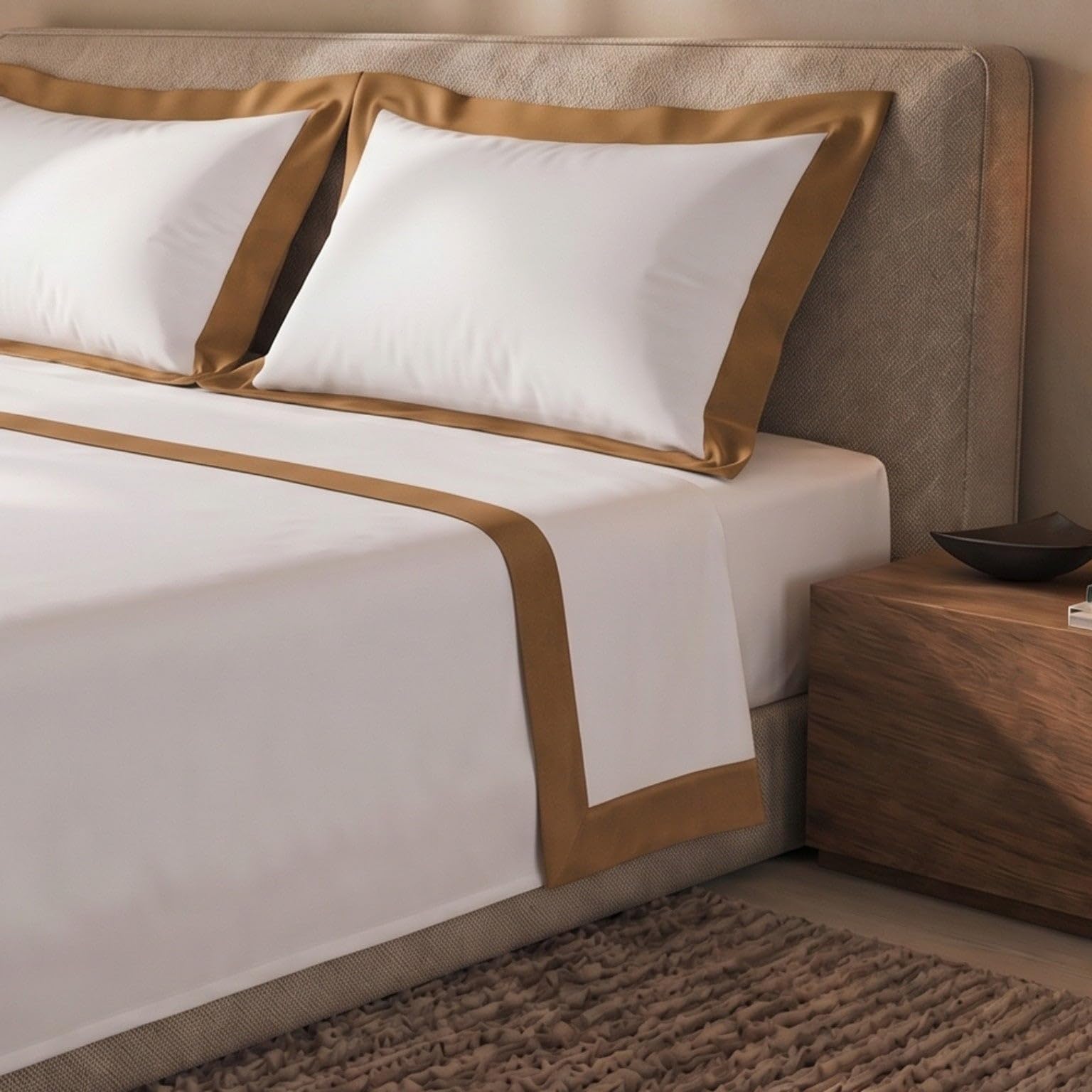 The White Stone Set Lenzuola Letto Una Piazza e Mezza 100% Cotone | Lenzuolo Piano 190x295 cm, Lenzuolo con Angoli 130x200 cm e 1 Federa Coordinata | Lenzuola con Balza Decorativa in Raso Beige