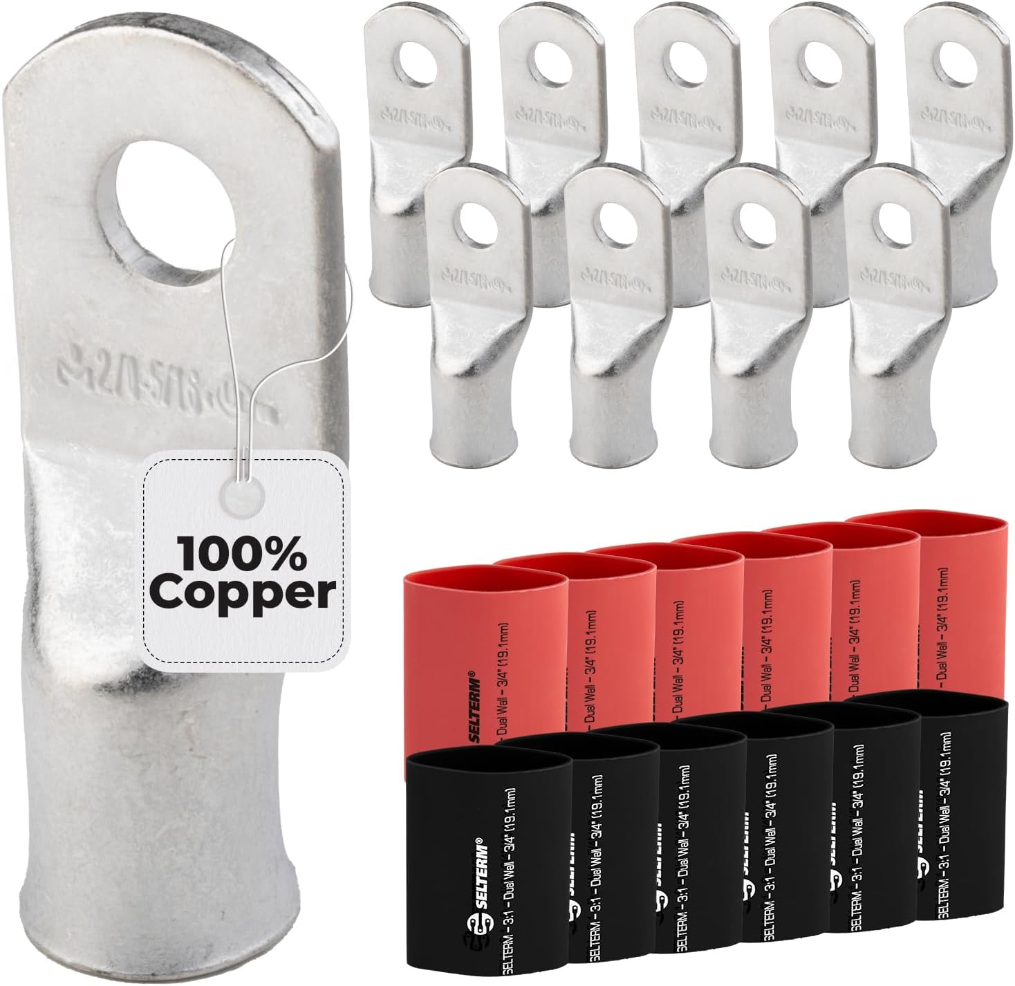 SELTERM 10pcs - 2/0 Awg - 5/16" Stud - Battery Lugs - Ring Terminal Connectors with 12pcs 3:1 Black & Red Heat Shrink Tubing with Adhesive | Heavy Duty Battery Cable Ends - Tinned Copper Wire Lugs Kit