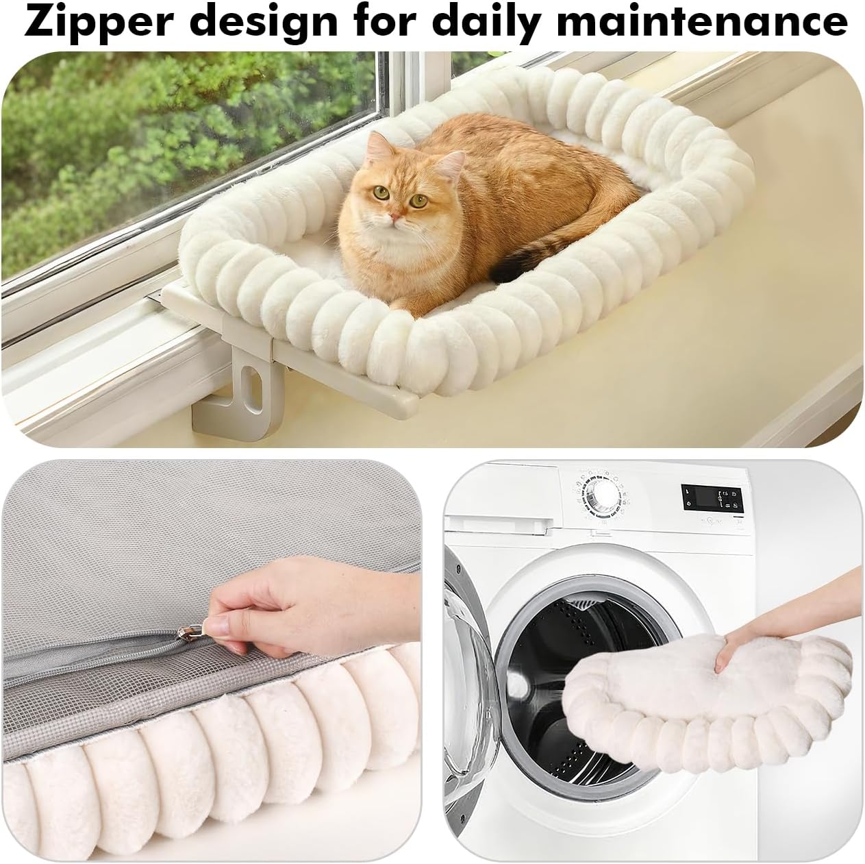 Cloud-Cuddle Cat Window Perch with 4-Sided Bolster, Zipper Design Cushion Window Seat for Window Sill, Sturdy Metal Frame & Easy Assembly Pet Hammock Bed for Indoor Cats (White, Medium) White Medium