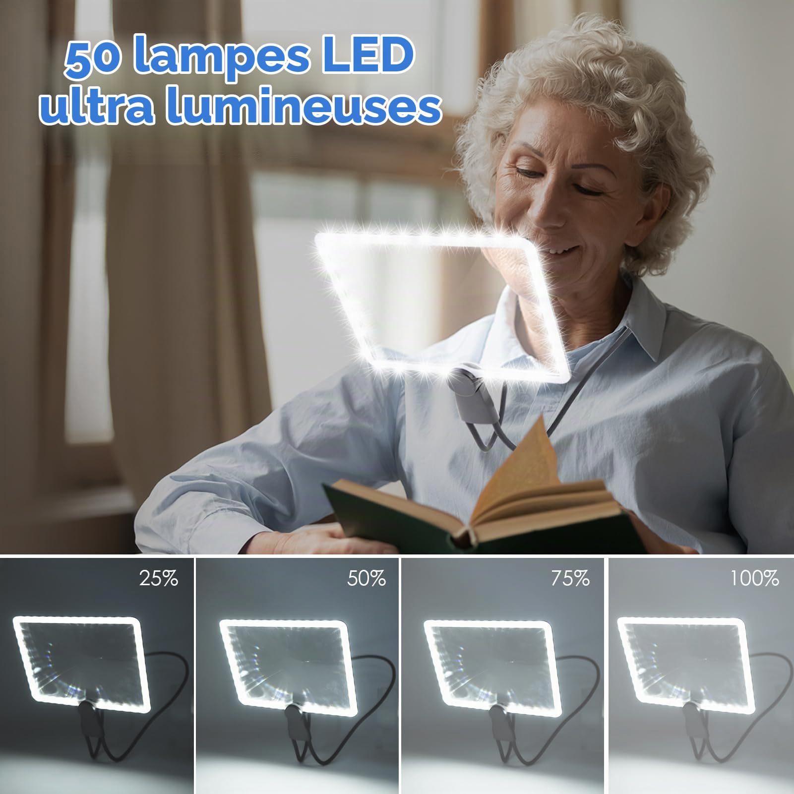 5X Grande Loupe de Lecture avec 50 Lumières LED, Rechargeable Lampe Loupe Mains Libres avec Col de Cygne Flexible, Lentille en Acrylique de 9,5 X 7 in, Parfaite pour Lecture, Réparations, Couture