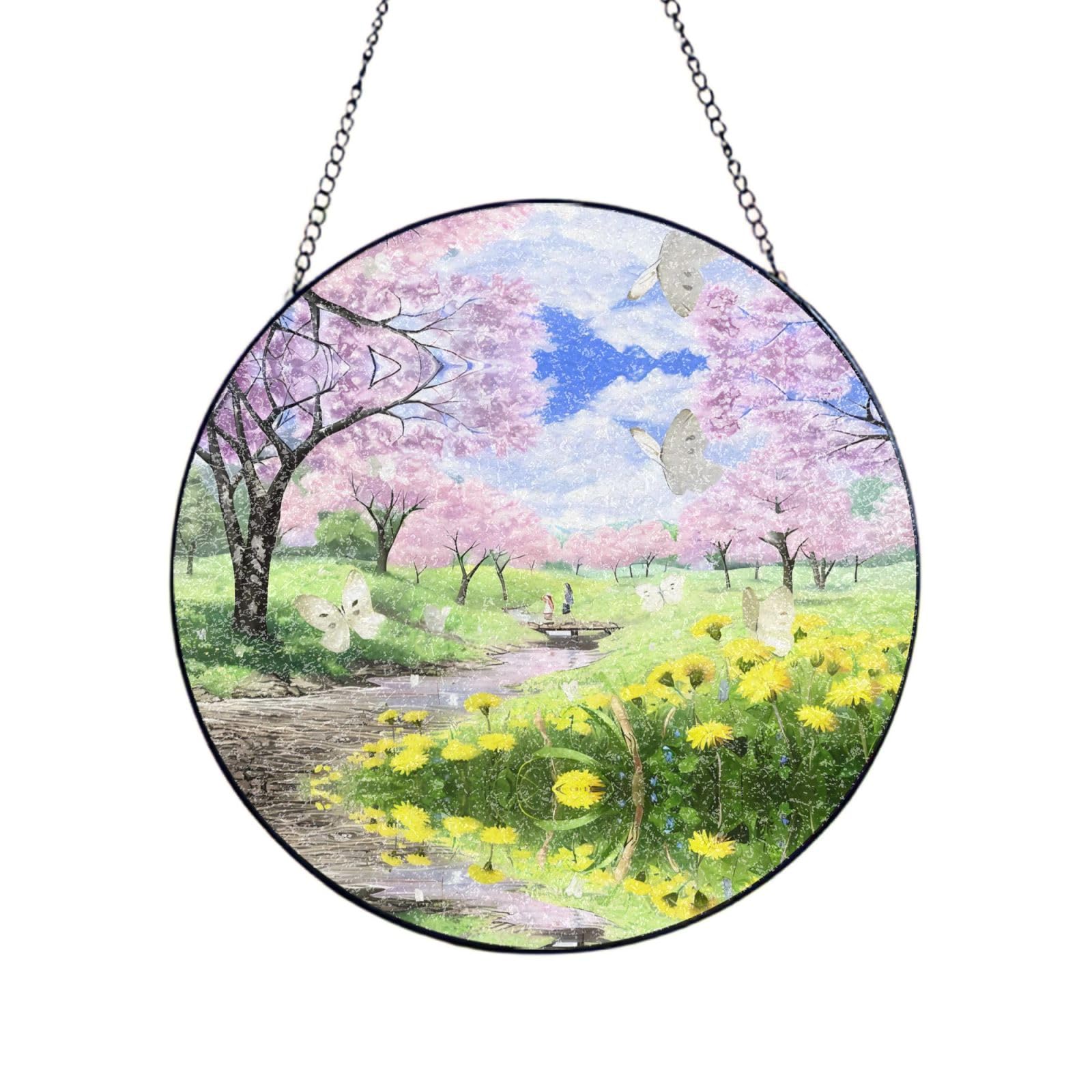Phayah Cherry Blossoms Trees Print Glass Window Hanging Sun Catchers Suncatcher Decor For Birthday For Home Garden Porch 6in（15cm）
