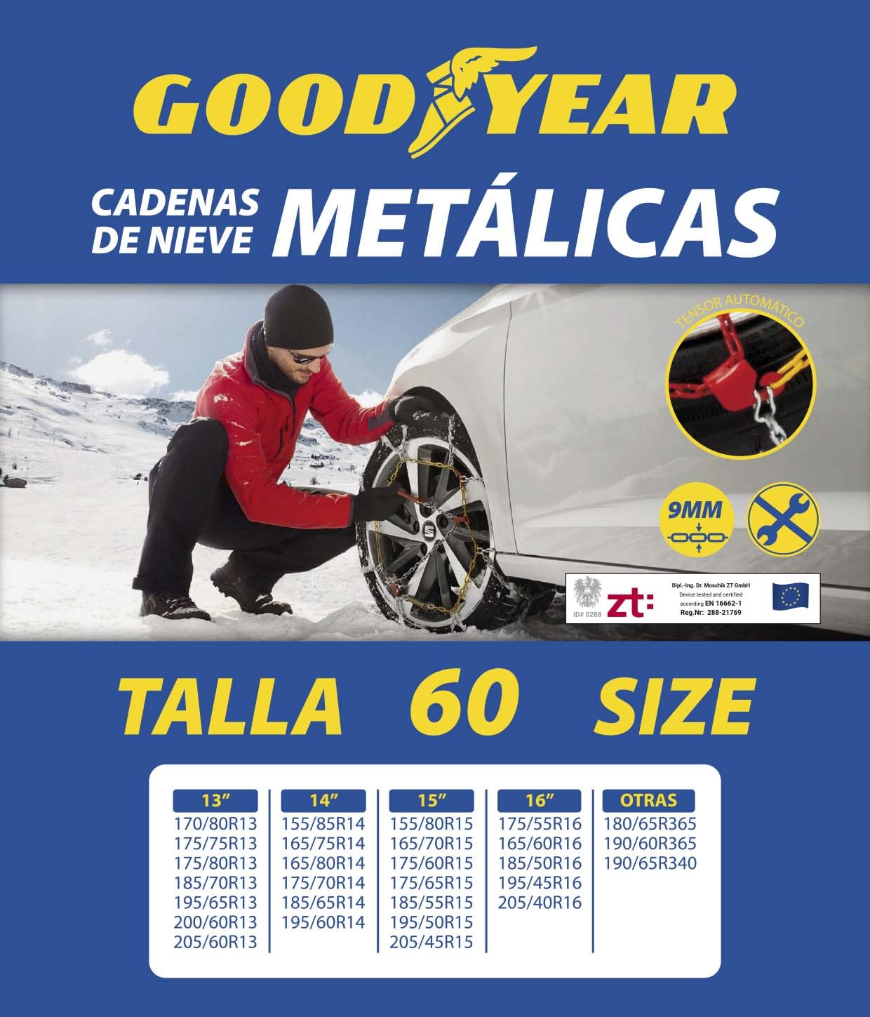 Goodyear Jeu de 2 Chaînes à Neige en Métal de 9 mm pour Voiture Taille 60 avec Tendeur Automatique Goodyear