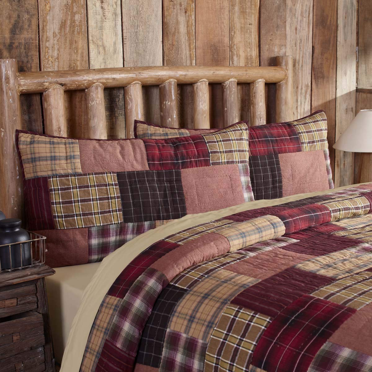 VHC Brands Red Rustic & Lodge Bedding Wyatt Sham Cotton Hand Quilted Patchwork Chambray