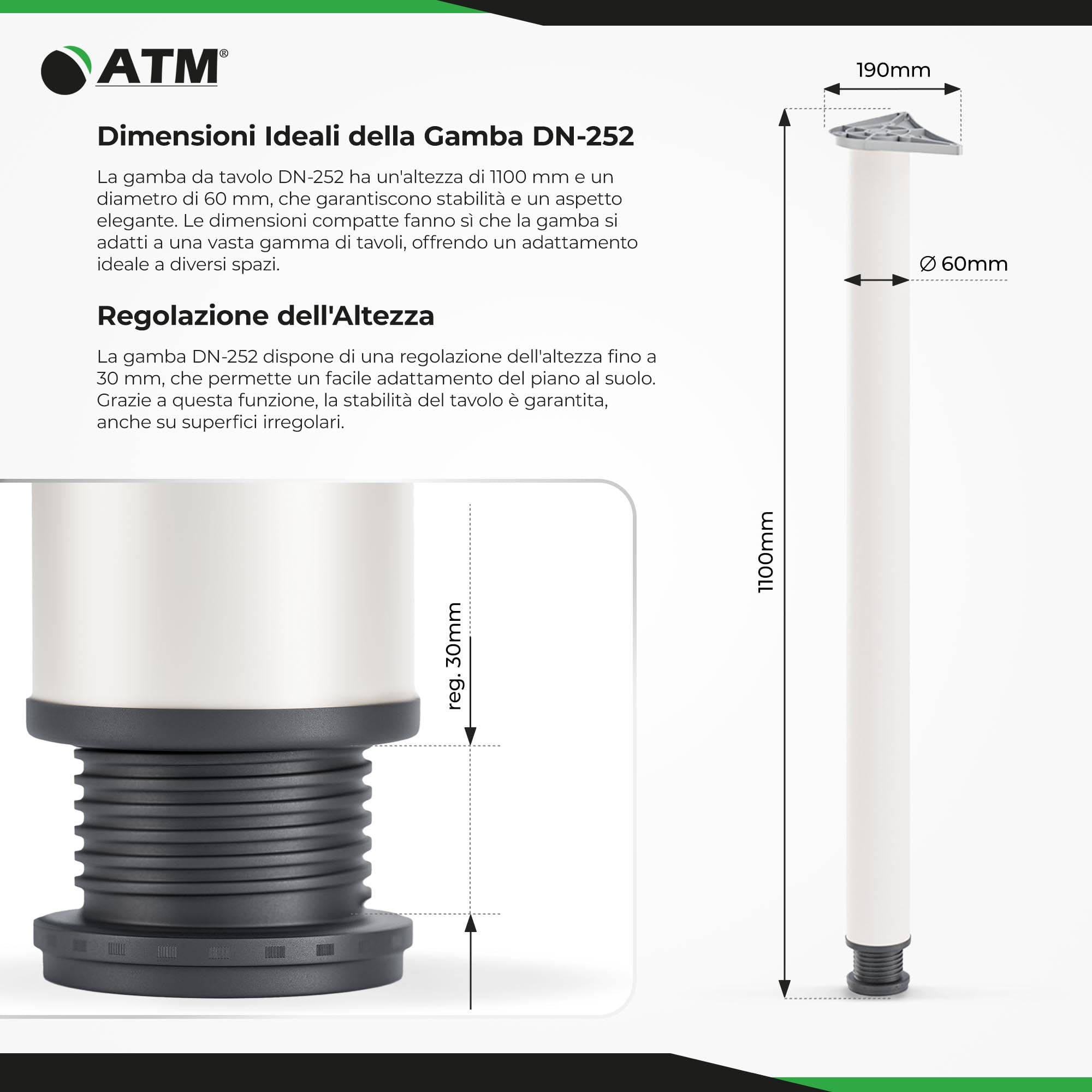ATM Set di 4 Gambe per Tavolo 110cm Regolabili in Altezza Metallo Piedini per Mobili Ø 60mm Gamba per Tavolo Cucina Banco Lavoro Supporto Cilindrico - Bianco