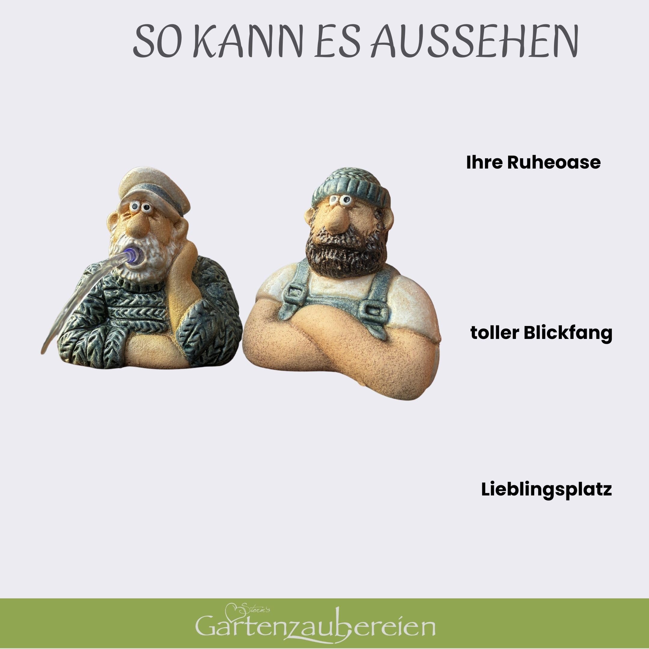Storm's Gartenzaubereien Wasserspeier mit Solarpumpe- Seemann Set aus Keramik - 2er Set Matrosen Figuren in Strick-Optik - Maritimes Wasserspiel für Garten/Balkon/Miniteich - Stromlos mit 3m Kabel