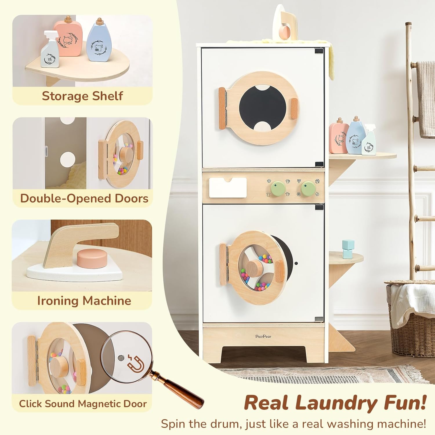 PairPear Wooden Toy Washing Machine Playset, Kids Washer & Dryer Laundry Playset with Iron, Toddler Pretend Kitchen Spinning Bead Drum Toy Gift for Age 3+