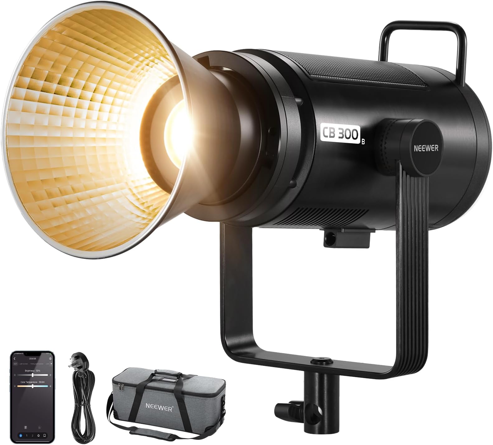 CB300B 320W LED Video Light with 2.4G/APP Remote Control, All Metal Bi Color COB Continuous Output Lighting with Bowens Mount 150000lux/1m 2700K-6500K CRI/TLCI97+ 12 Effects for Video Recording