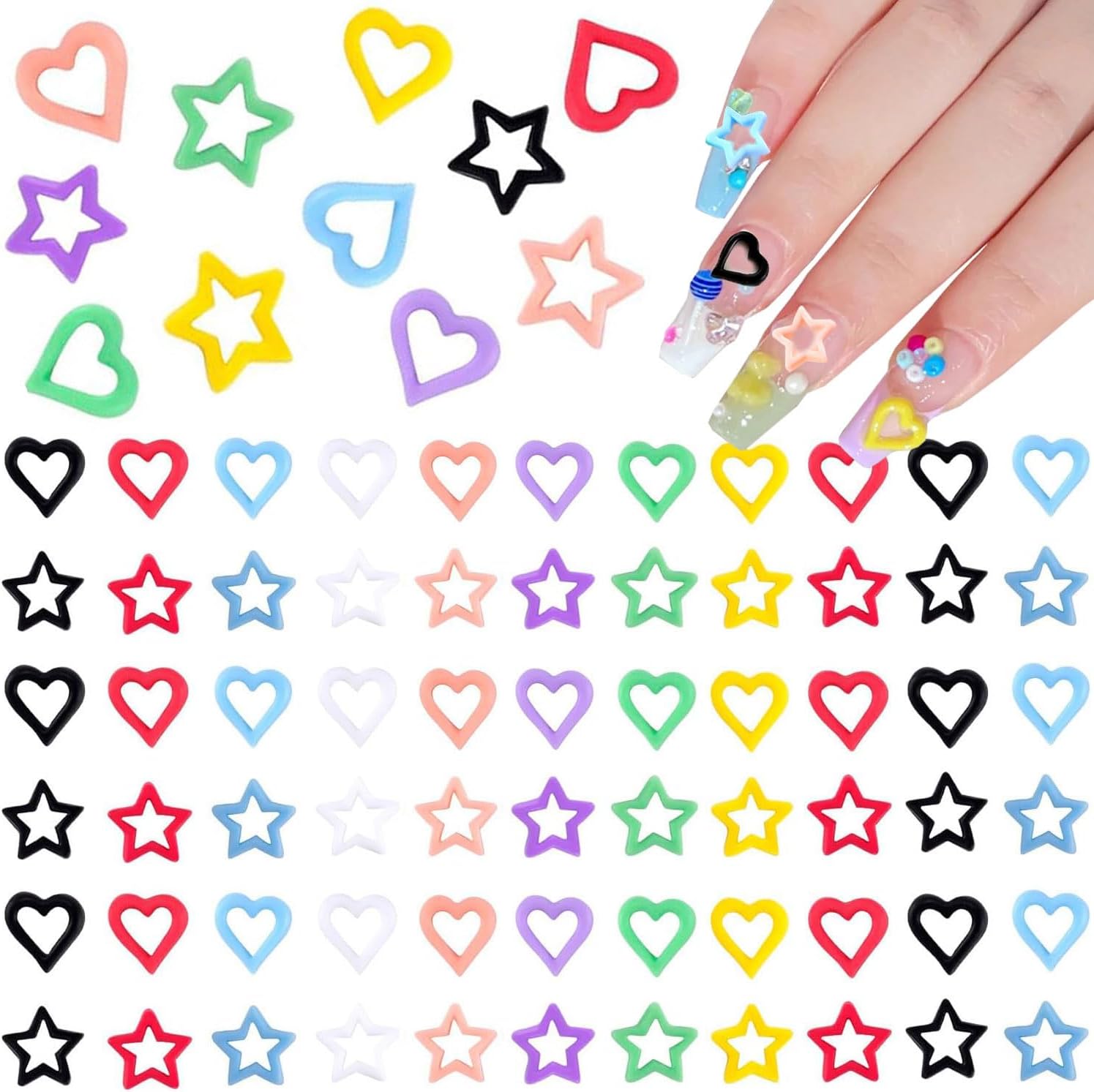 Kawaii Nail Charms, 200 PCS Heart Stars Colorful Resin Art Charm Cute Gems for Women Girls Decorations