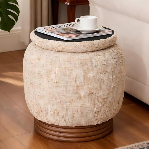 Otomana redonda con almacenamiento, taburete de tocador, reposapiés tapizado con marco de madera resistente (500 libras), mesa de centro pequeña y