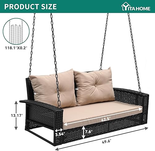 Miniatura 4 de YITAHOME Silla columpio colgante de mimbre para porche, 2 asientos, para exteriores, ratán negro, con 2 cojines de respaldo, capacidad de 530 libras