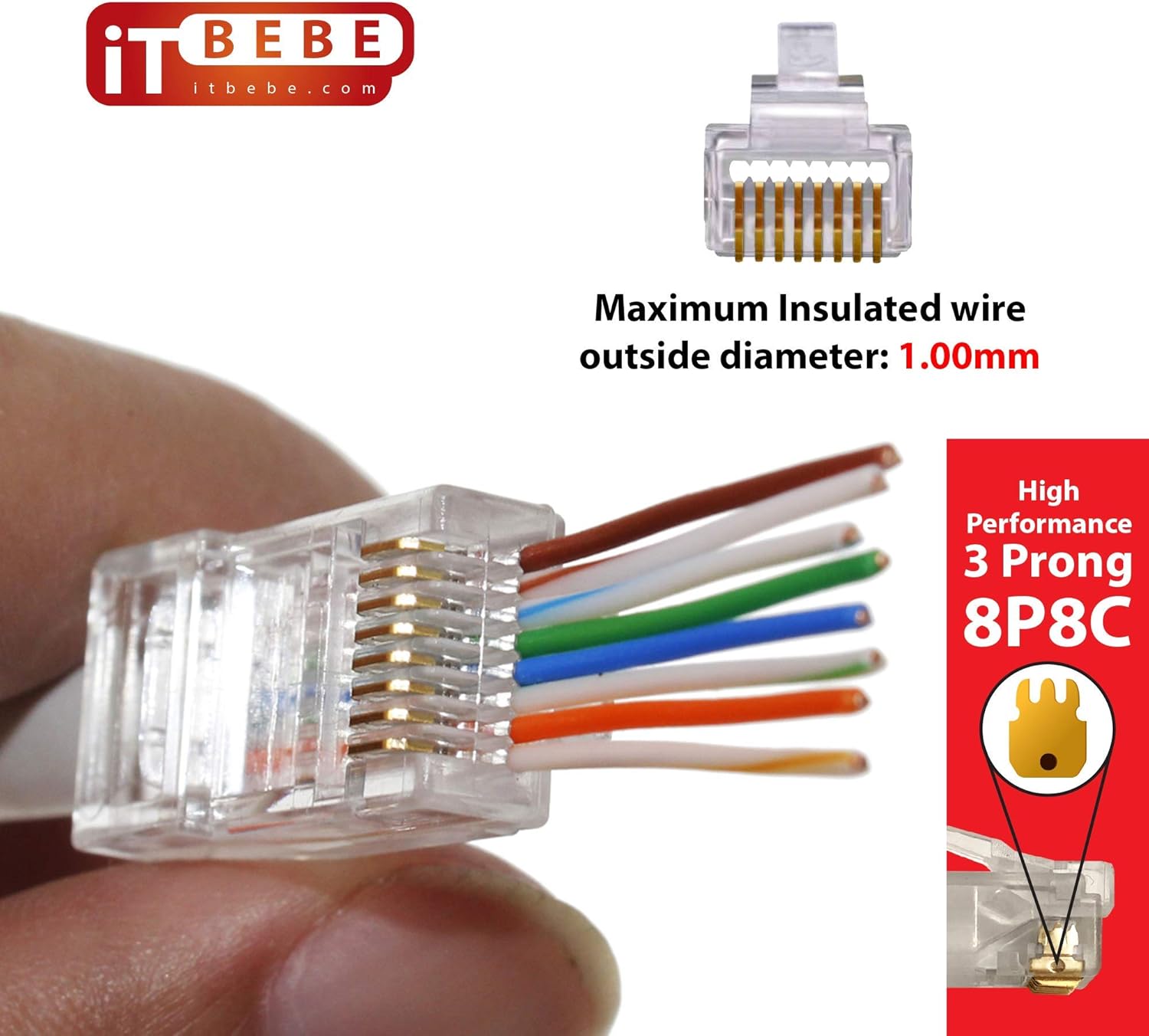 ITBEBE 100/100 RJ45 Cat5 Cat5e Pass Through Connectors for 24 AWG Cables - 100 Cat5e Passthrough Connector Ends and 100 RJ45 Connectors Clear Strain Relief for Clean, snag-Free Ethernet Patch Cord