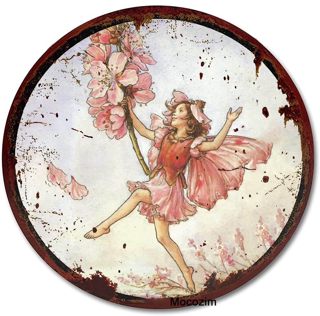 Rustic Retro Round Metal Tin Sign The Almond Blossom Fairy Cicely Mary Barker Flower Fairies Vintage Wall Art Nursery Decor Fairy Print Home Decor Courtyard Decoration Sign 12x12 Inch