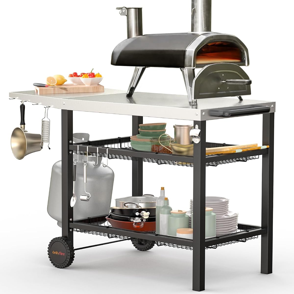 onlyfire Mesa para horno de pizza al aire libre Carro de preparación de alimentos de 3 niveles Soporte para parrilla | Rodillo de cocina con cesta de almacenamiento para horno de pizza Ooni & Cuisinart, Ninja Woodfire, plancha Blackstone