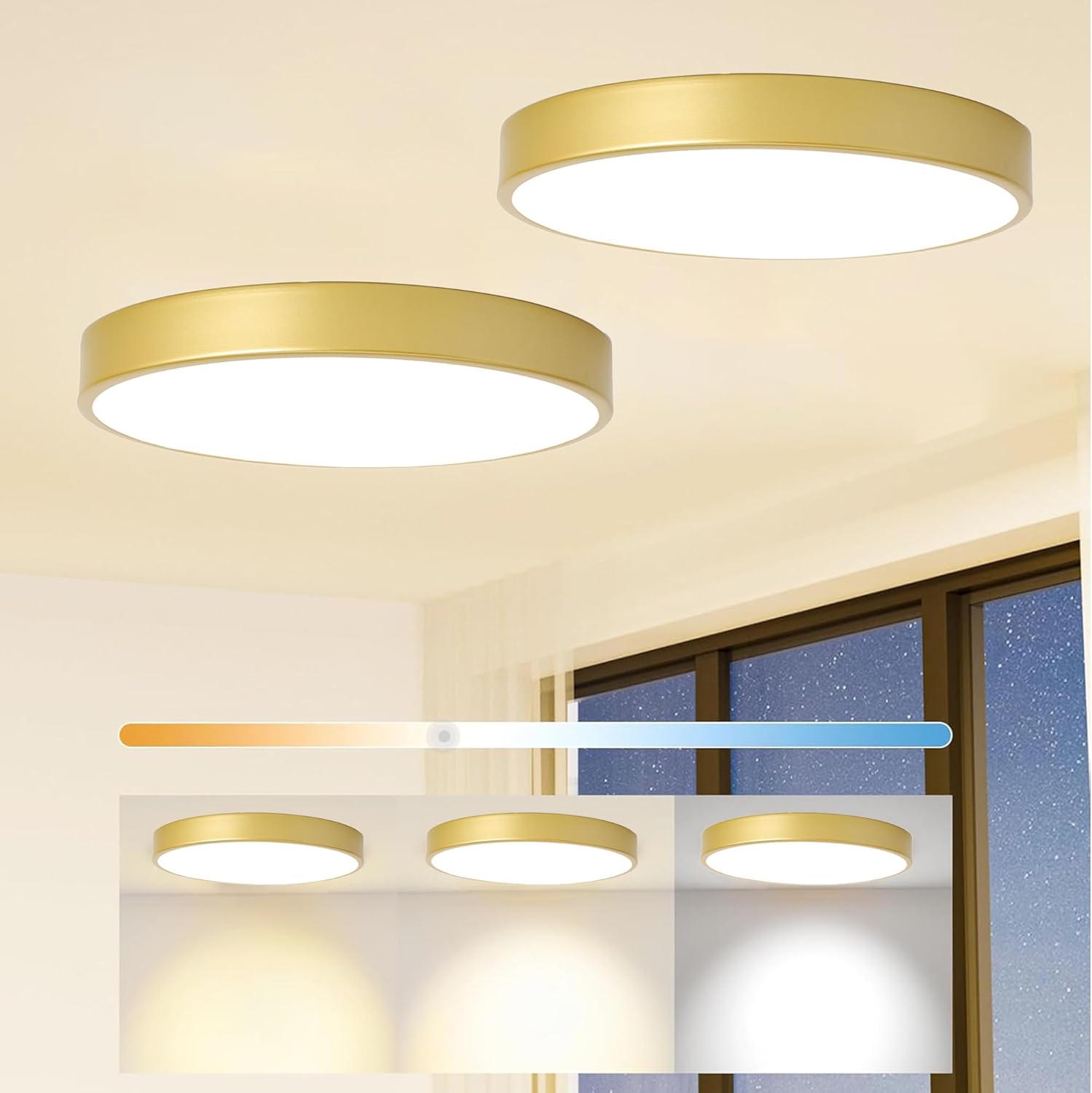 2 Pack Gold Flush Mount Ceiling Light,9“ Thin Dimmable LED Light Fixture,3000K-5000K Adjustable Low Profile Modern Round Ceiling Mount for Bedroom,Living Room,Kitchen, Hallway, Entryway