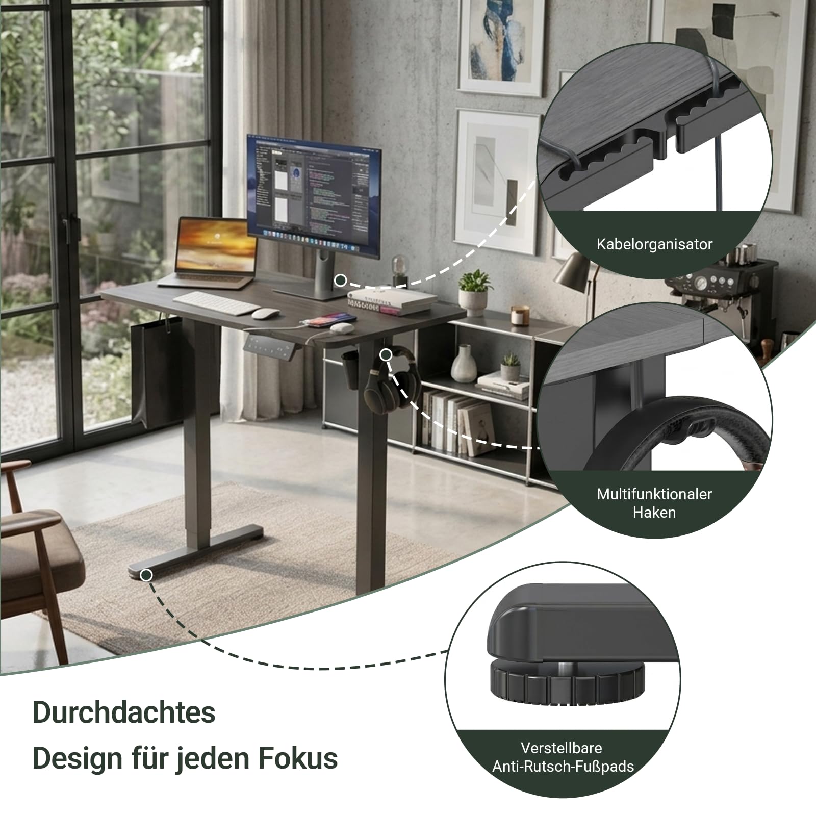 Höhenverstellbarer Schreibtisch 80x48cm | mit USB-A/C, Schreibtisch Höhenverstellbar Elektrisch, Ergonomischer Steh-Sitz Computertisch für Homeoffice und Büro
