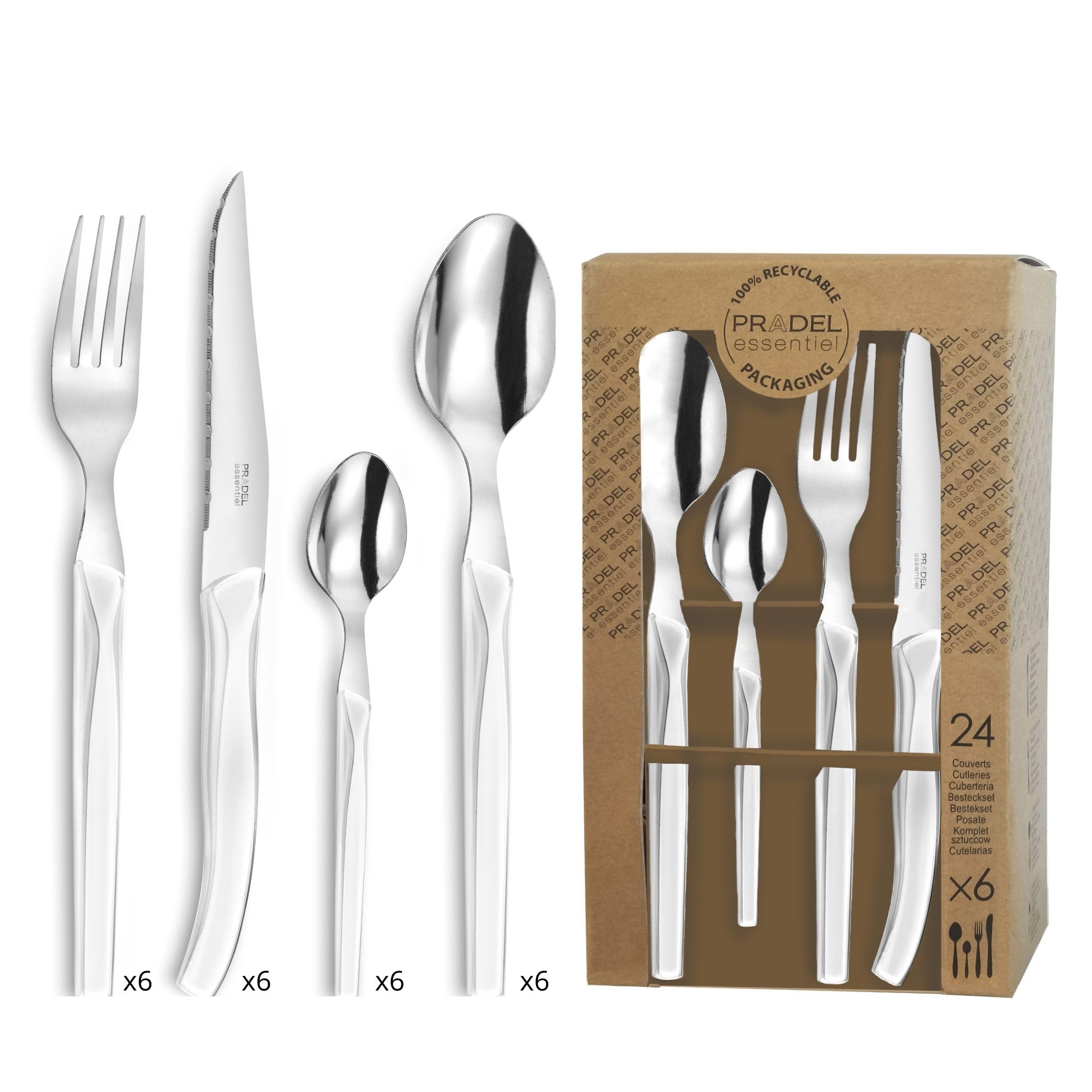 RISING SUN Cutlery Set for 6 People, 24 Pieces, Glossy White, Cutlery for 6 People, Dishwasher Safe, 18/0 Stainless Steel with Micro Teeth, 6 x Knife, Fork, Spoon and Coffee Spoon