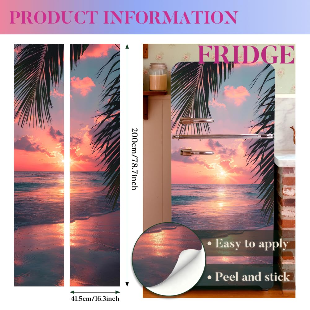 2 Blatt Farbverlauf Strand Türtapete Selbstklebend, 41.5x200cm Selbstklebende Abnehmbare Kühlschranktür Wandbilder Mit Sonnenuntergangsstrandmotiv 3D Für Dekoration von Küche Bar