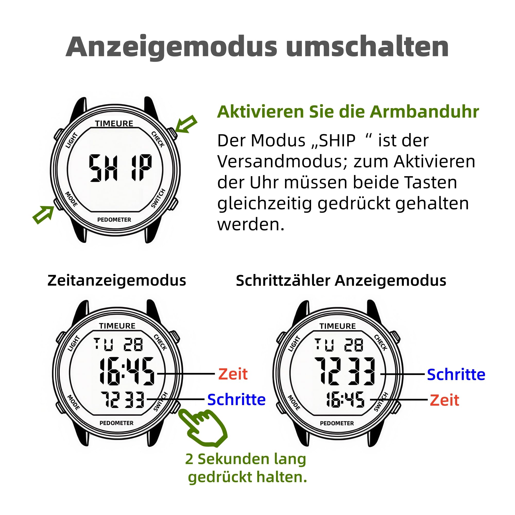TIMEURE Schrittzähler Uhr für Männer | Modisches Design | Wasserdichter Armbanduhr mit Großer Digitalanzeige | Einfacher & Genauer Schrittzähler Funktion