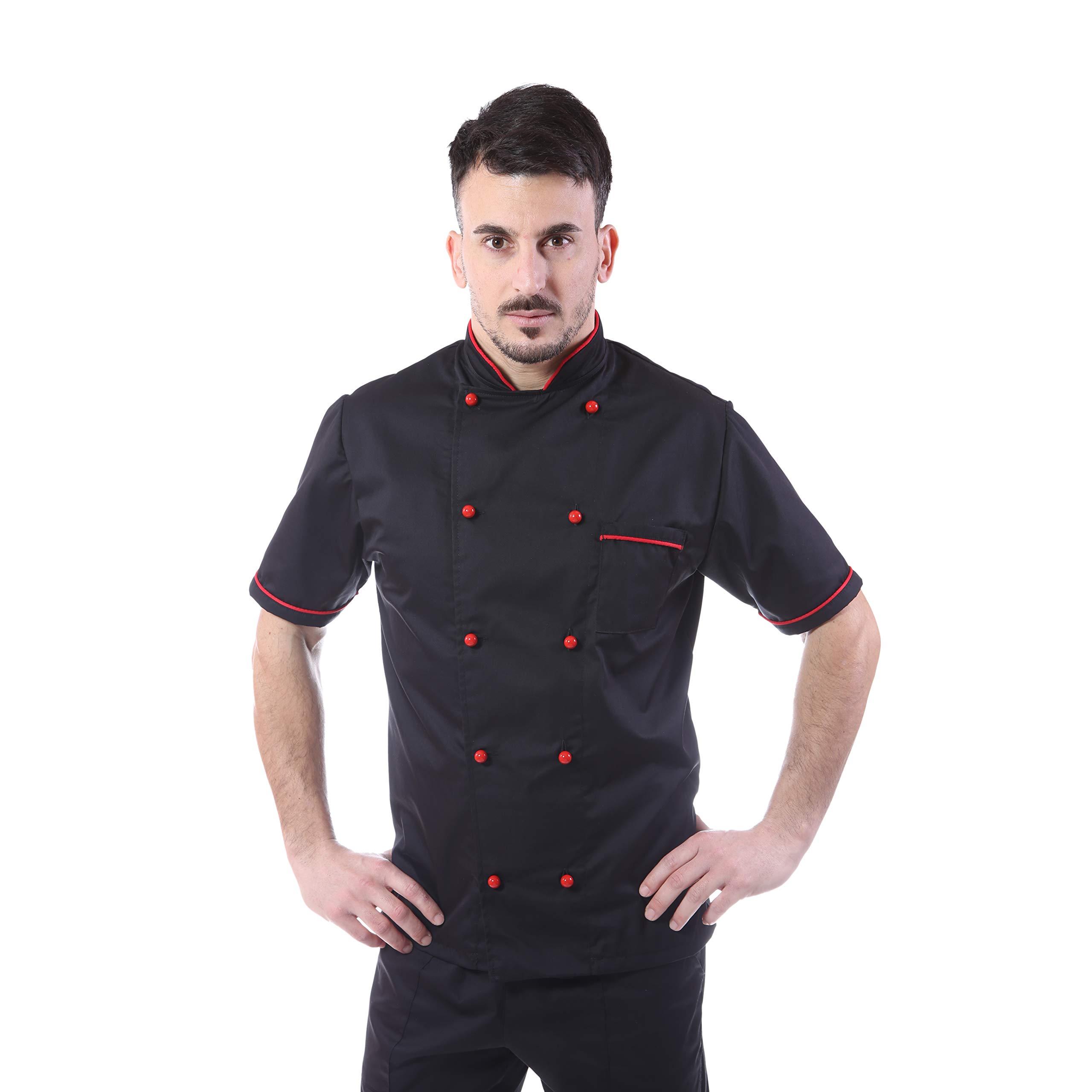 tessile astorino Ricamo Gratuito - Completo Cuoco Uomo - Divisa Chef - Nero e Rosso - Manica Corta - Giacca, Pantaloni e Grembiule - 100% Cotone - Uniforme per Cucina e Ristorante (XS)