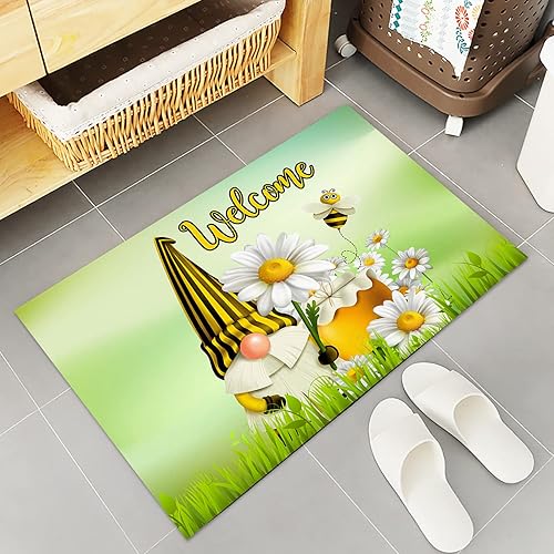 Miniatura 2 de Kitchen Rug Mats Set of 2 Piece Honey Bees Non Slip Cushioned Rug Gnomes on Green Anti-Fatigue Washable Comfort Floor Mat Carpets Home Decor for