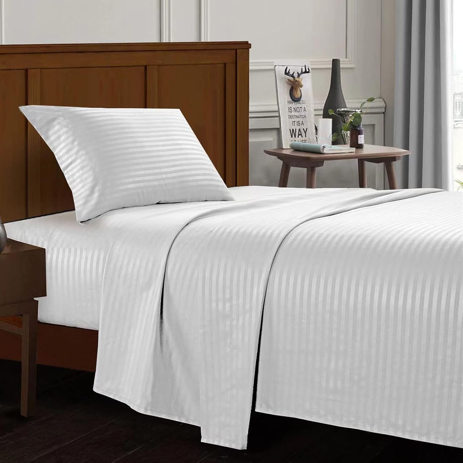 Sheets Brushed Microfiber Bed Sheets Extra Soft Bed Set Fade Resistant Easy Care Bedding Sheets & Pillowcases 3Pcs Set -Twin Stripe White