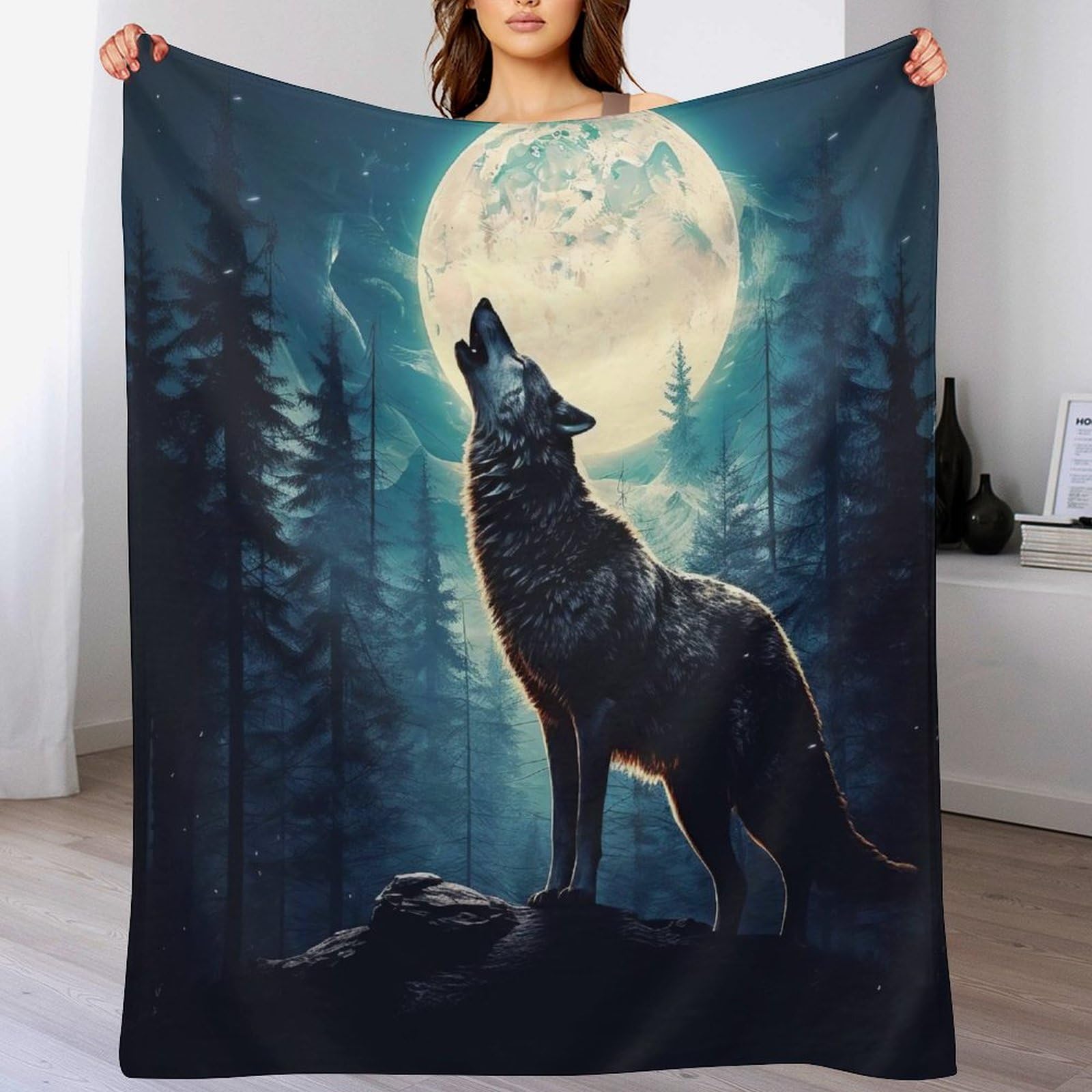 Plaid couverture jeté flannel loup chaud et durable pour canapé