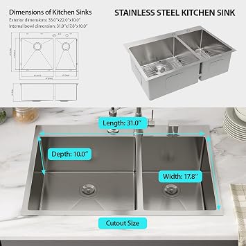 Drop In Kitchen Sink Double Bowl - Funmier 33 Inch Double Bowl Kitchen Sink 60/40 33x22 Stainless Steel 16 Gauge Deep Bowl Basin