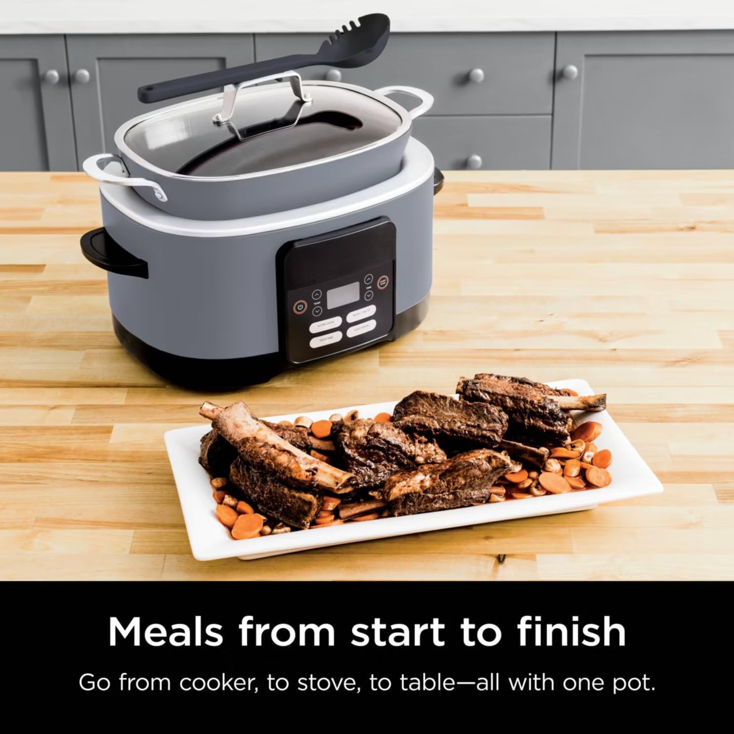 Foodi Possible Cooker, 8.5 Quart, 6-in-1 Multi-Cooker, Slow Cooker, Steamer, Glass Lid Integrated Cooking Utensil, Nonstick, Oven Safe Pot to 500°F, MC1000WM (Sea Salt Grey)