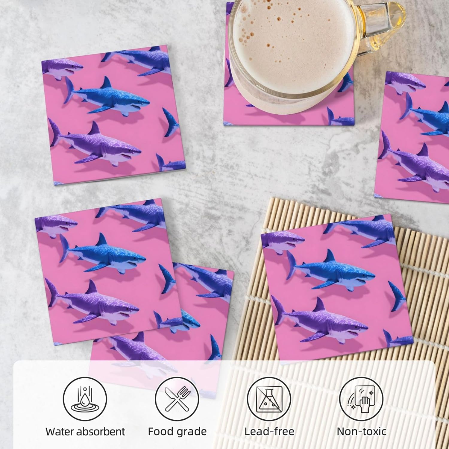(Sharks) Ceramic Coasters Set of 6 with Holder Non-Slip Square Coffee Coasters for for Cup Mug Drink Patio Coffee Table Decor, Christmas Coasters Home Bar Supplies