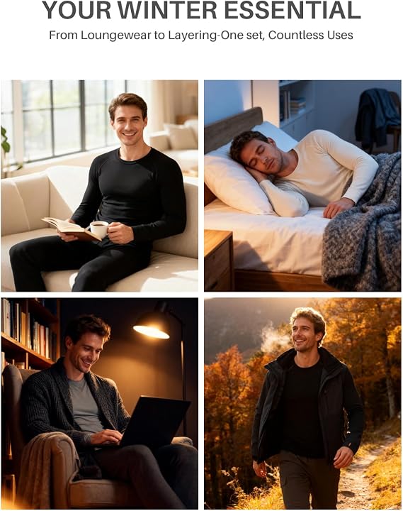 Mens Thermal Underwear Soft Fleece Lined Long Sleeve Tops Long Johns Thermal Base Layer Set Thermal Top and Bottom, Quick Drying