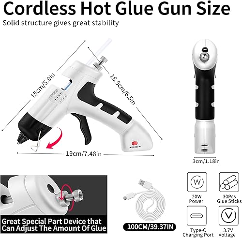 Vista 33 de Pistola de pegamento caliente inalámbrica de 20 W, pistola de pegamento con 30 barras de pegamento, pistola de precalentamiento rápido con cargador