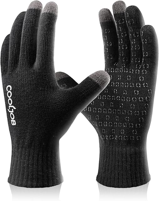COOLJOB Winter Warm Gloves for Men and Women, Thermal Knitted Gloves with Touch screen, Anti slip Silicone Dots, Running, Driving, Cycling, Walking, Hiking, Jogging, Camping, 1 Pair