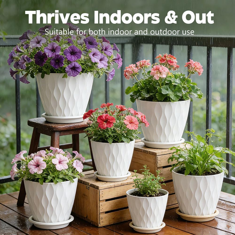 Plant Pots, Self Watering Planters with Drainage Holes and Trays, Flower Pots for Indoor Outdoor - 6 Pack(4/5/6/6.5/7/8 Inch) (White)