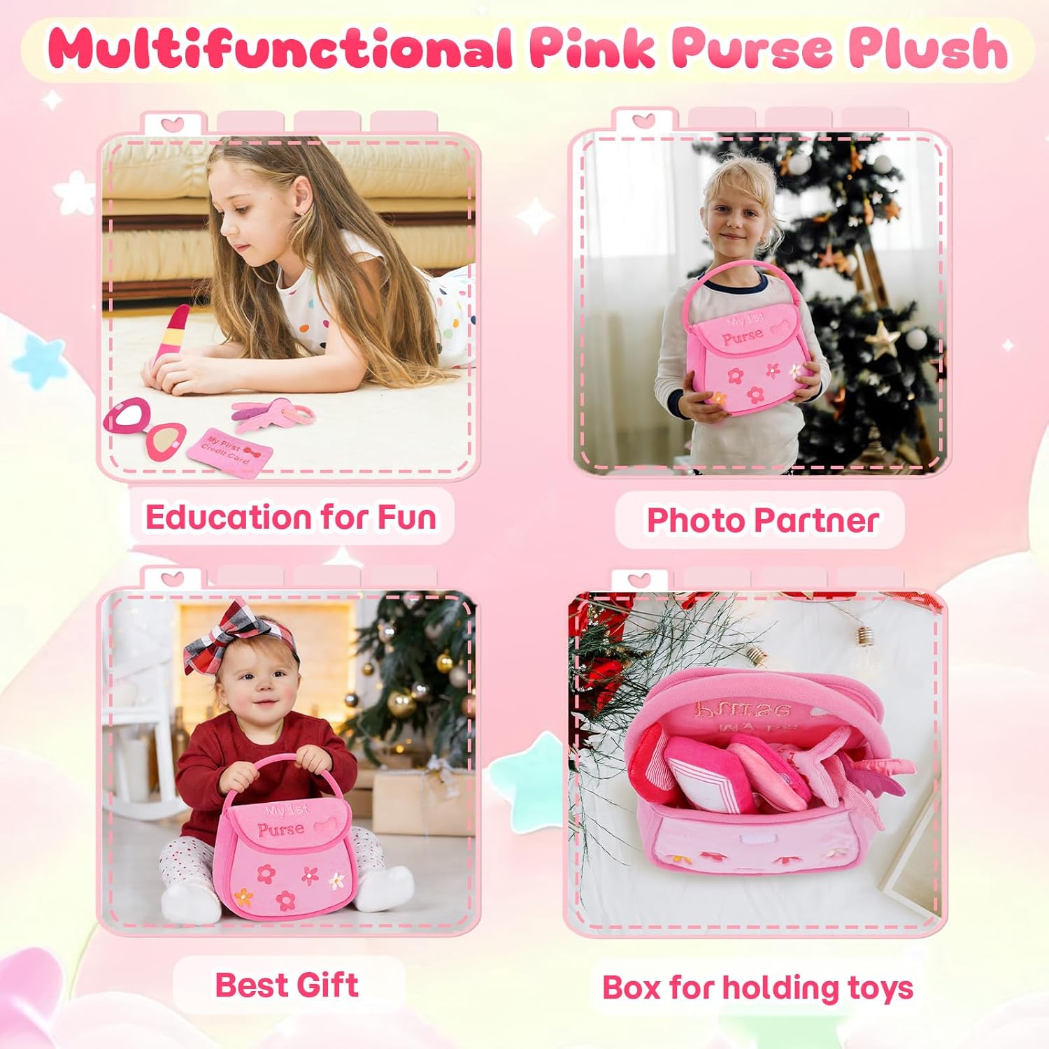 My First Pink Purse Plush, Baby Purse Set with 6 Pcs Makeup Plushies for Toddlers, First Birthday Gifts for Girls