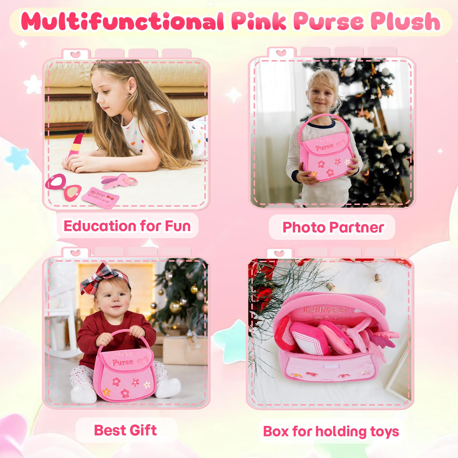 My First Pink Purse Plush, Baby Purse Set with 6 Pcs Makeup Plushies for Toddlers, First Birthday Gifts for Girls