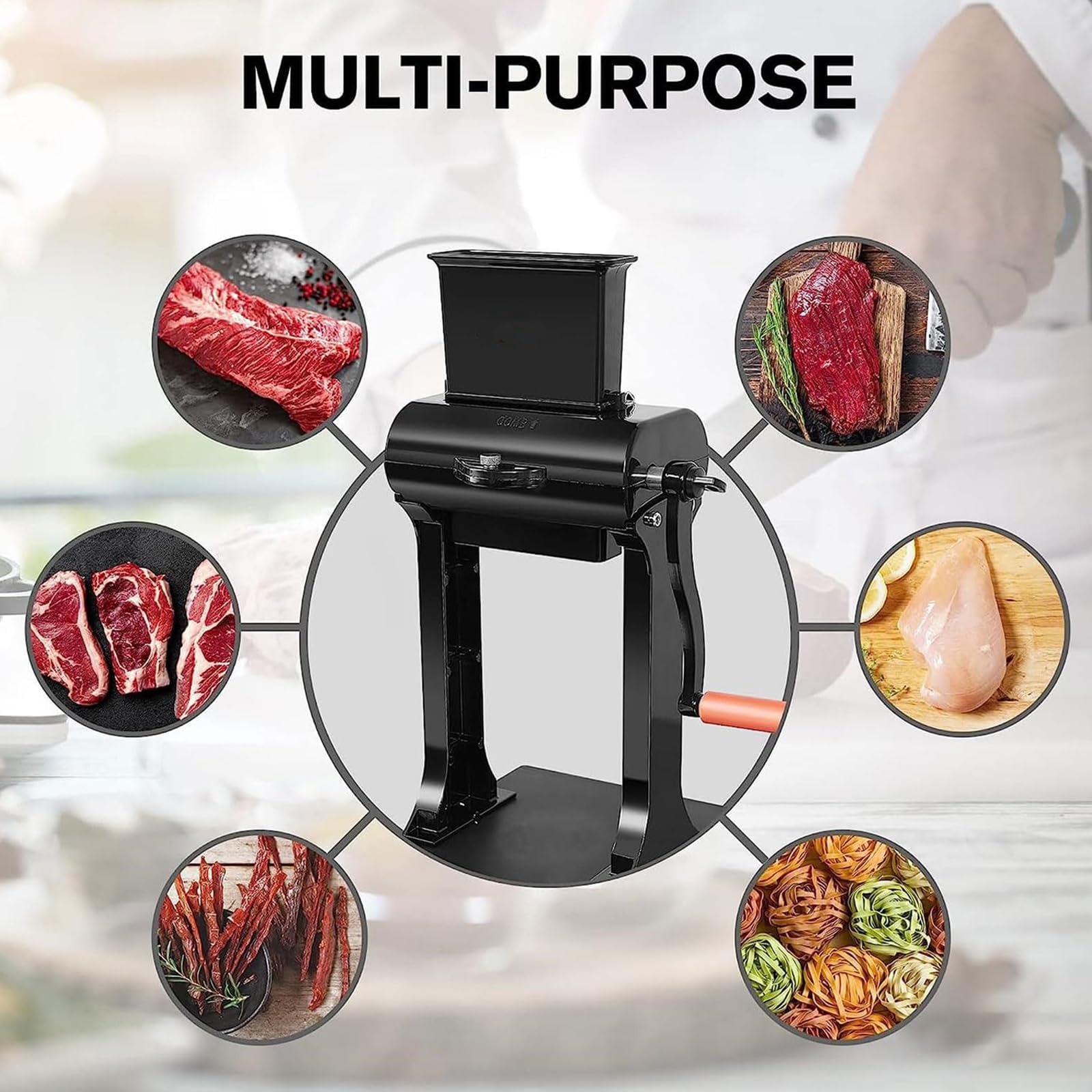 Affettatrice manuale verticale per carne e affettatrice a scatti con manovella e lame in acciaio inox, per bistecche, pollo e cotolette
