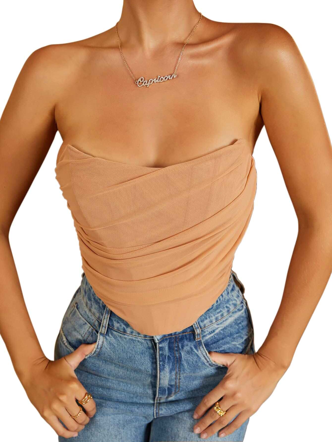 MOALLUOM Mesh Corset Crop Top Bustier Underbust Boned Backless Sleeveless Strapless Off Shoulder Aesthetic for Women Y2K